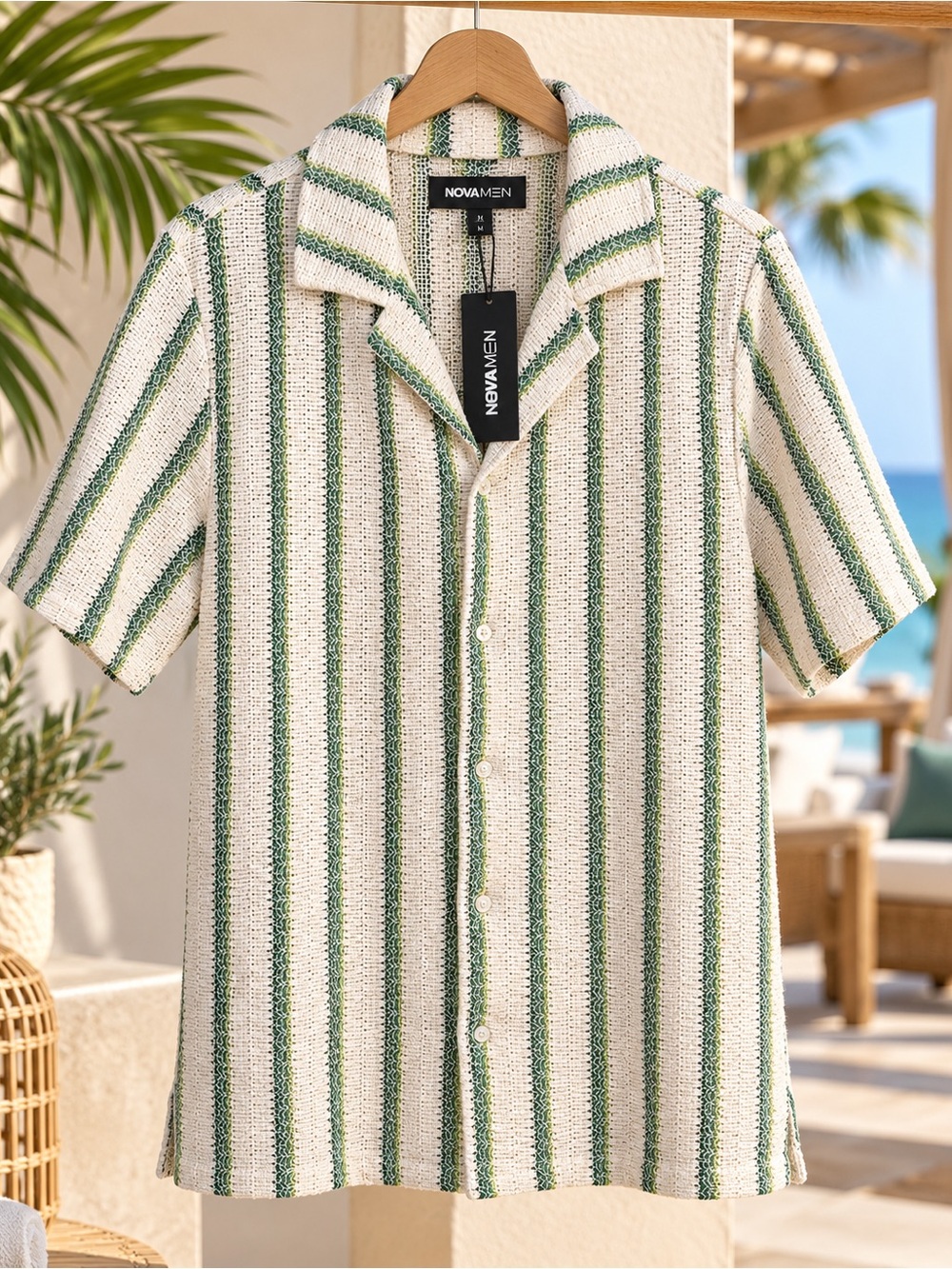 NovaMen Green and Cream Striped Short-Sleeve Button-Down Shirt